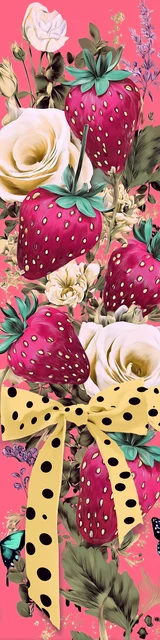 Free strawberry bookmark featuring a yellow ribbon with strawberries